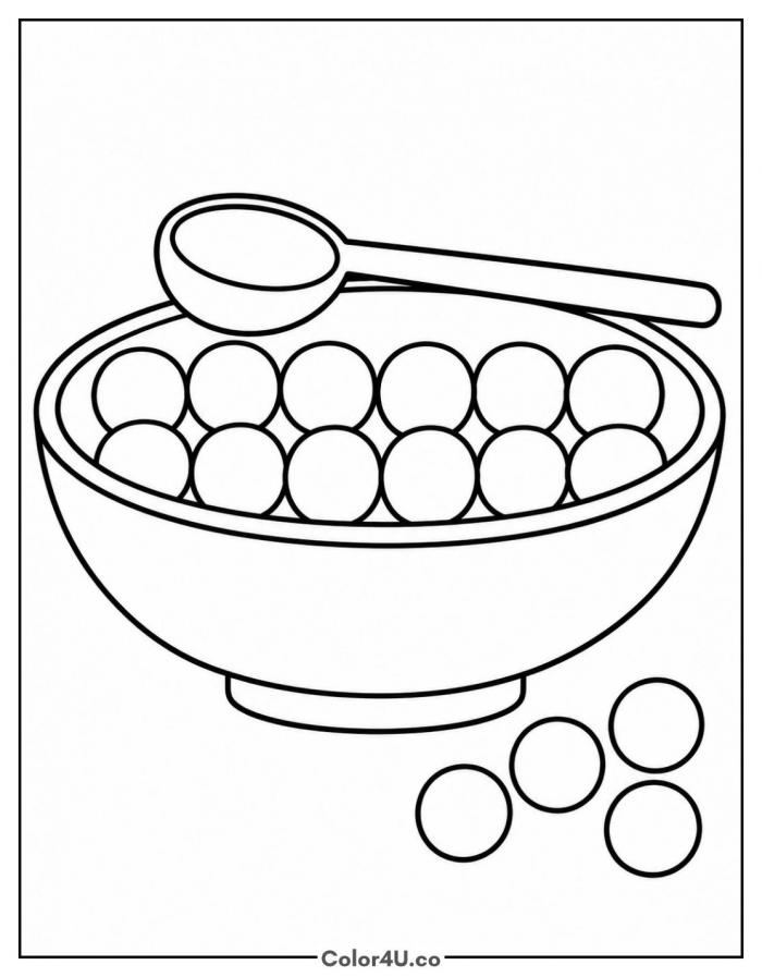 Bowl of tapioca pearls with a spoon, easy coloring page, free printable