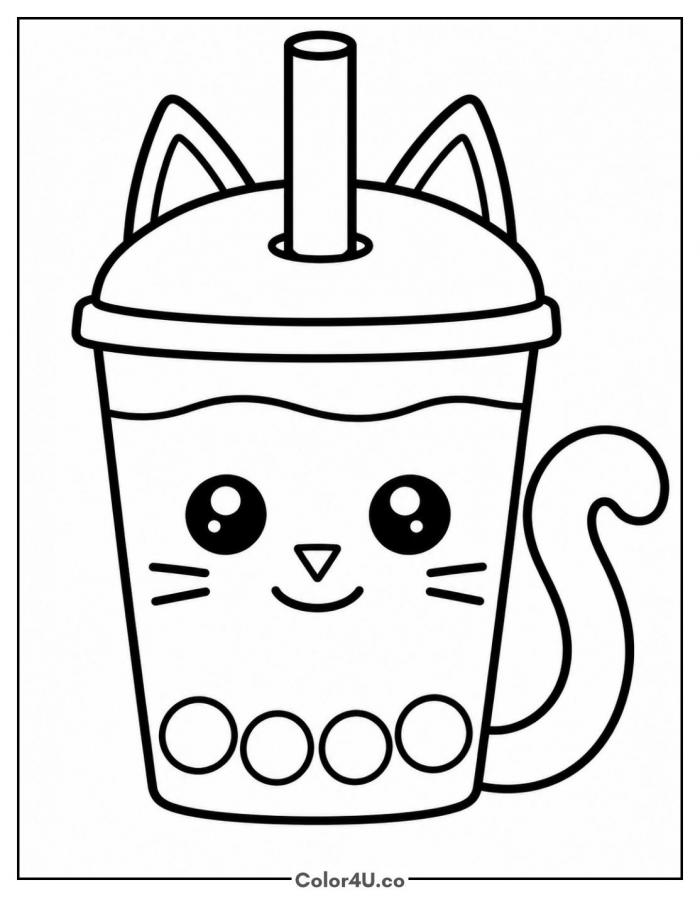 Cat shaped boba cup with ears and tail, easy coloring page, free printable