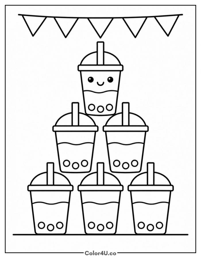 Stacked tower of six boba cups with bunting, medium coloring page, free printable