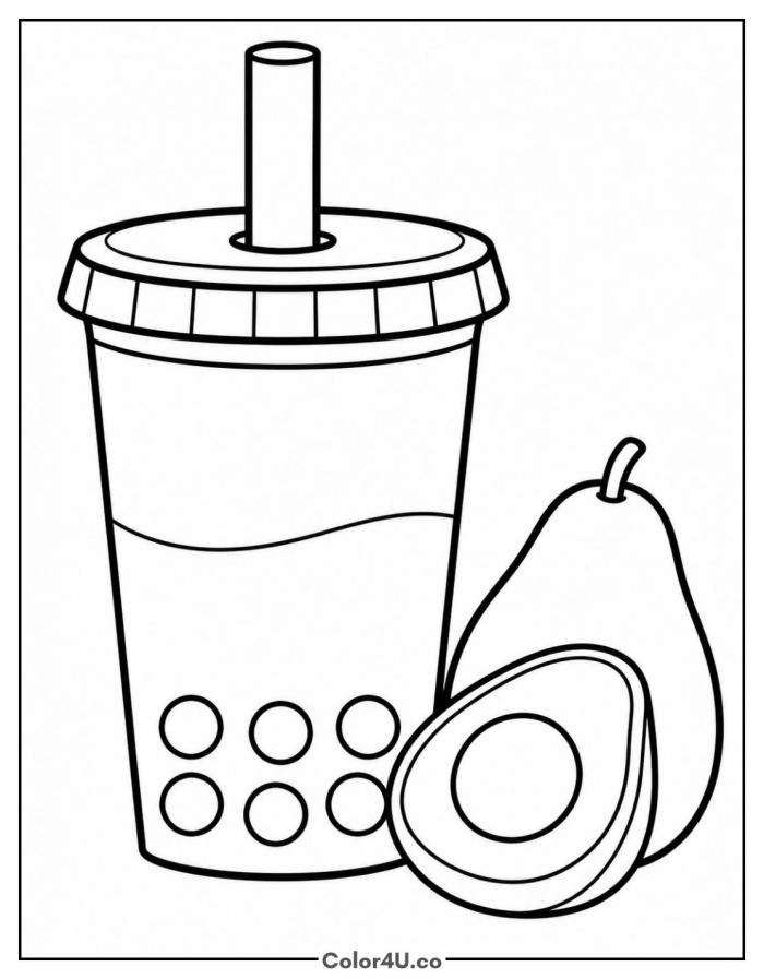 Avocado boba milk tea with cut avocado, medium coloring page, free printable