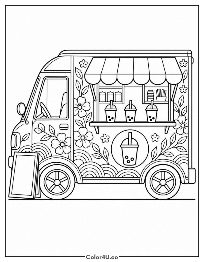 Boba tea food truck with flowers and serving hatch, detailed coloring page, free printable