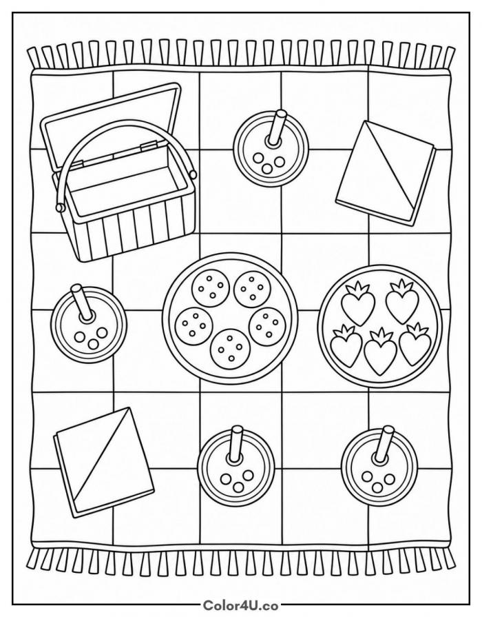 Boba picnic blanket from above with cups and snacks, detailed coloring page, free printable