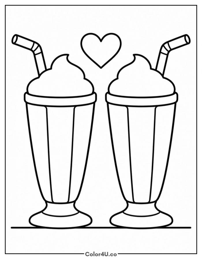 Two milkshakes side by side with a heart, easy coloring page, free printable