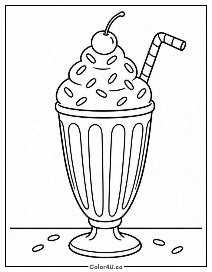 Milkshake with sprinkles, cream and a cherry, medium coloring page, free printable