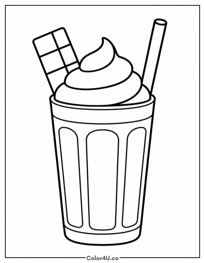 Vanilla milkshake with a wafer bar and straw, easy coloring page, free printable