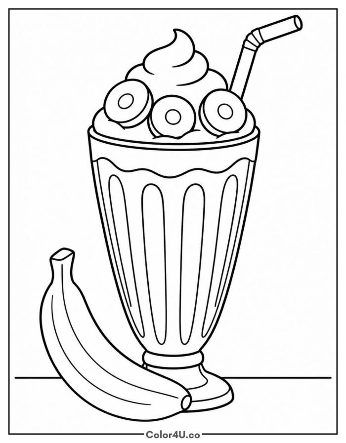 Banana milkshake with slices and whole bananas, easy coloring page, free printable