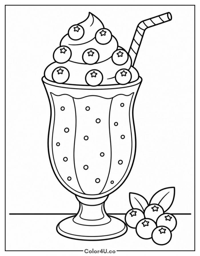 Blueberry milkshake with berries on cream, medium coloring page, free printable
