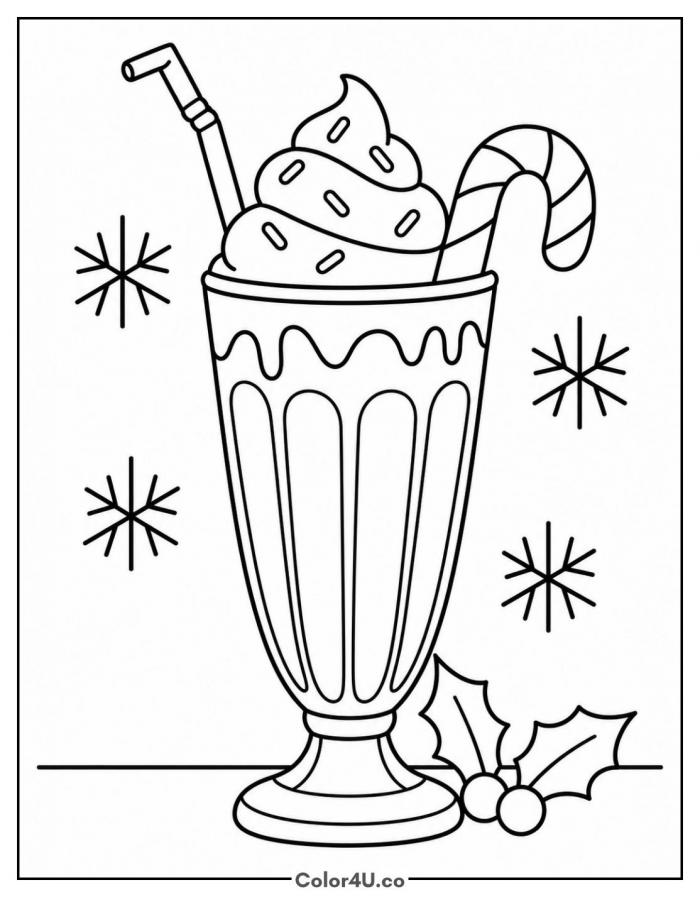 Christmas milkshake with a candy cane and snowflakes, medium coloring page, free printable