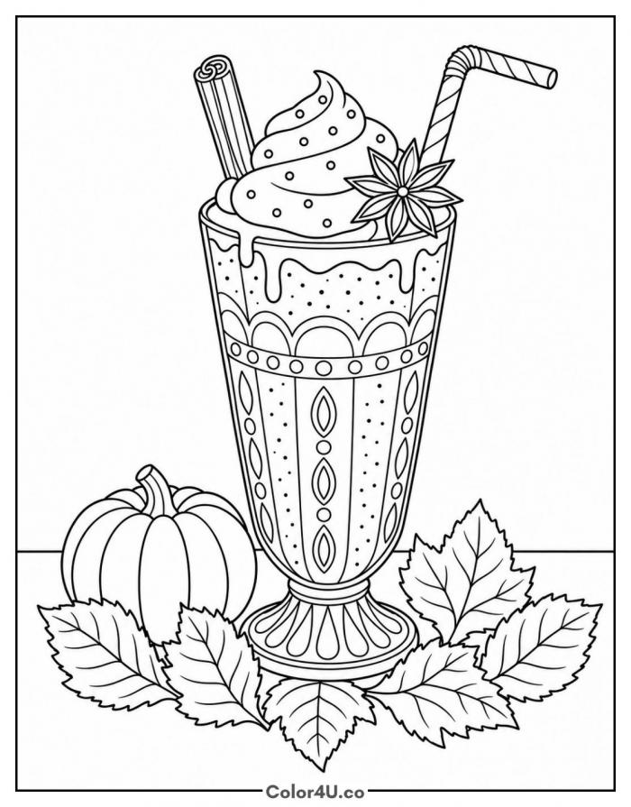 Pumpkin spice milkshake with autumn leaves and a pumpkin, detailed coloring page, free printable