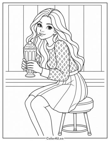 Girl Sipping A Milkshake At The Counter coloring page
