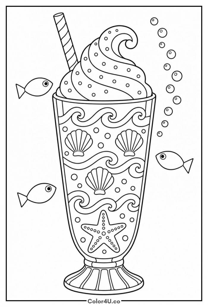 Under the sea milkshake with shells and fish, detailed coloring page, free printable
