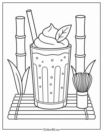 Matcha Milkshake With Bamboo Mat coloring page