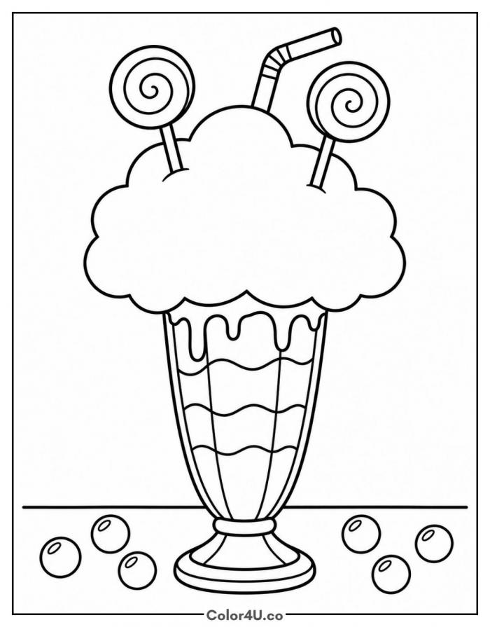 Cotton candy milkshake with lollipops and a cloud, medium coloring page, free printable
