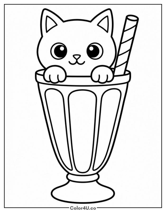 Kitten peeking over a milkshake glass, easy coloring page, free printable