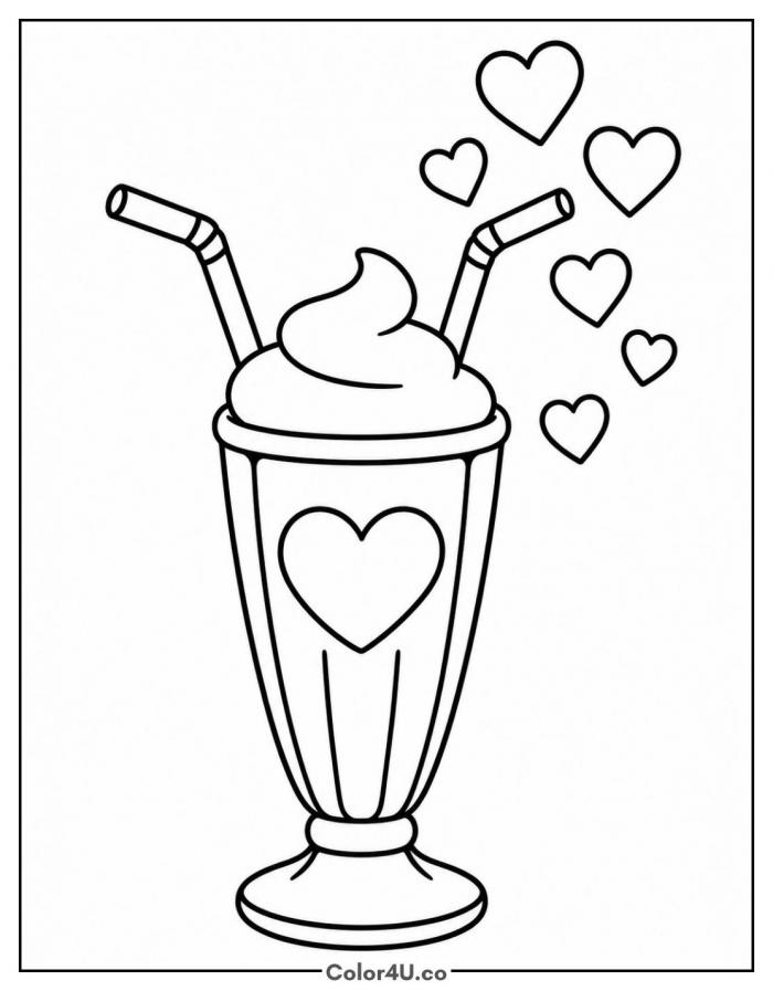 Milkshake with two straws and floating hearts, easy coloring page, free printable