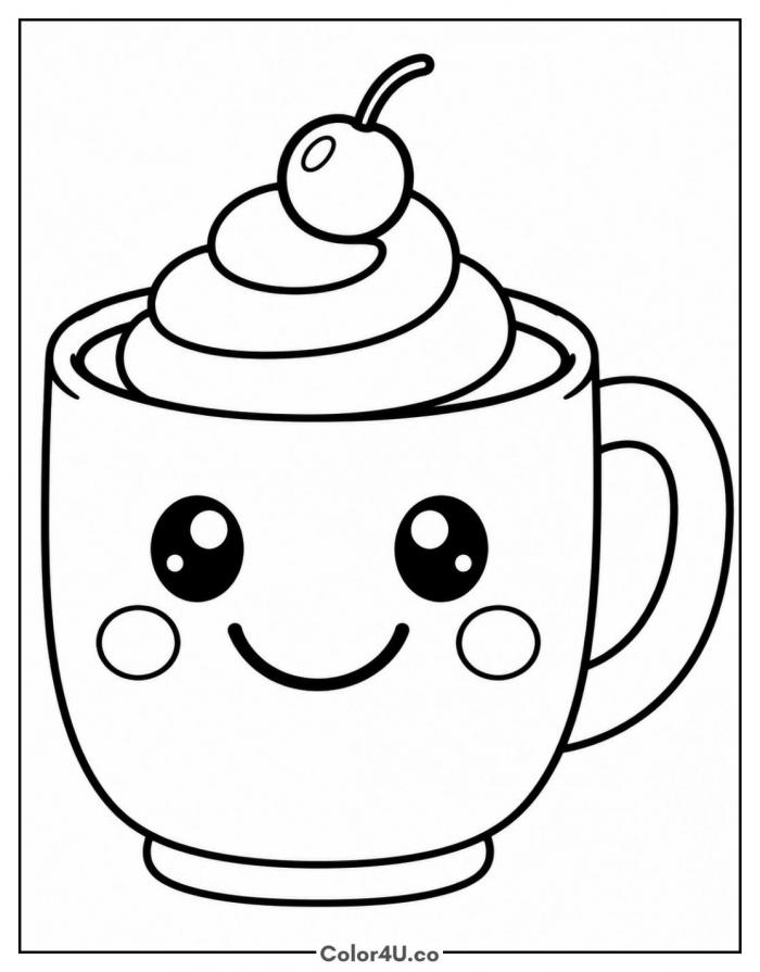 Smiling hot chocolate mug with whipped cream and cherry, easy coloring page, free printable