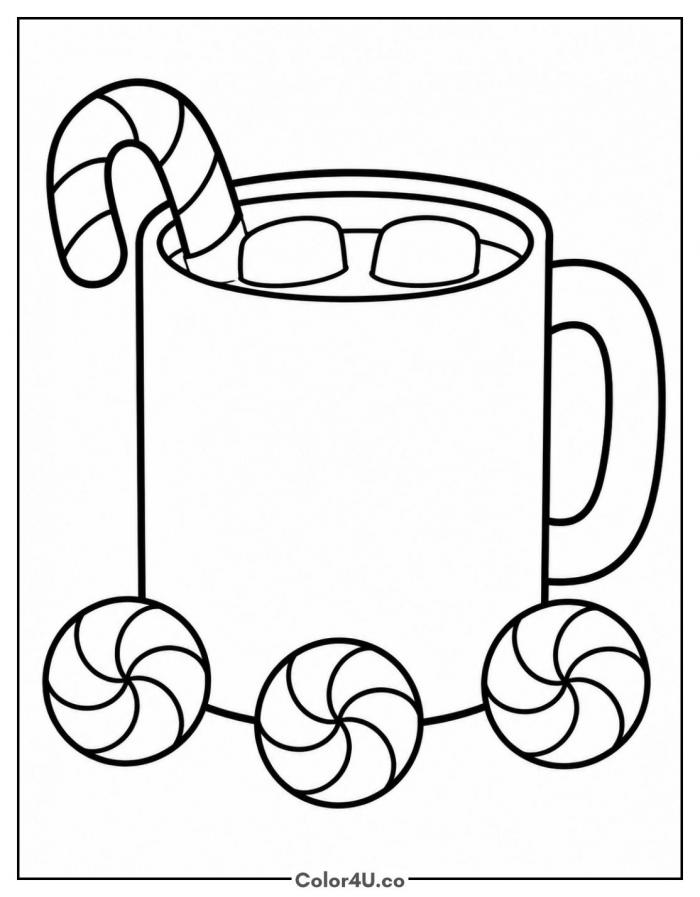 Peppermint hot chocolate with candy cane and mints, medium coloring page, free printable
