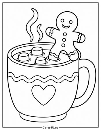 Gingerbread Man Dipping into Cocoa coloring page