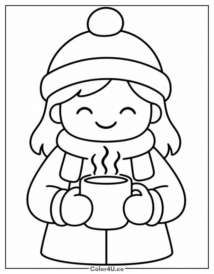 Kid in a winter hat holding a mug of cocoa, easy coloring page, free printable