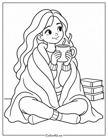 Girl Wrapped in a Blanket with Cocoa coloring page