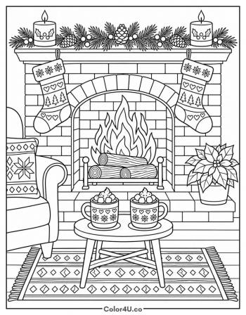 Two Cups of Cocoa by the Fireplace coloring page