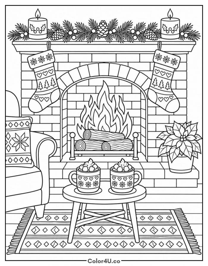 Two cups of cocoa by a decorated fireplace, detailed coloring page, free printable