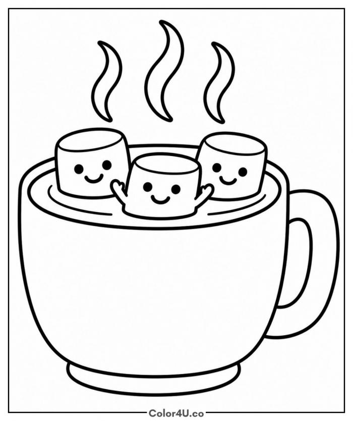 Three smiling marshmallows in a mug of hot chocolate, easy coloring page, free printable