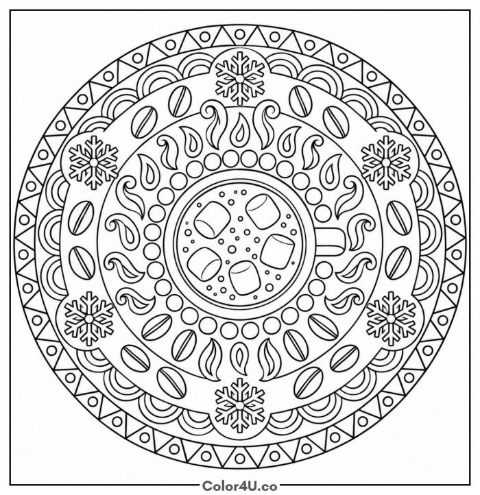 Hot chocolate mandala with cocoa beans and snowflakes, detailed coloring page, free printable