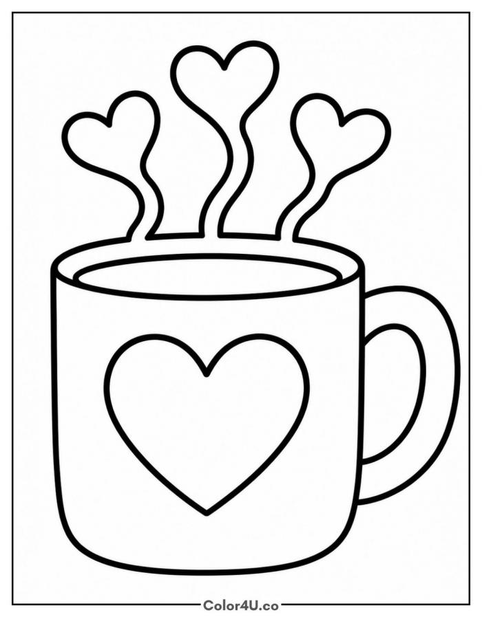 Mug of hot chocolate with heart shaped steam, easy coloring page, free printable
