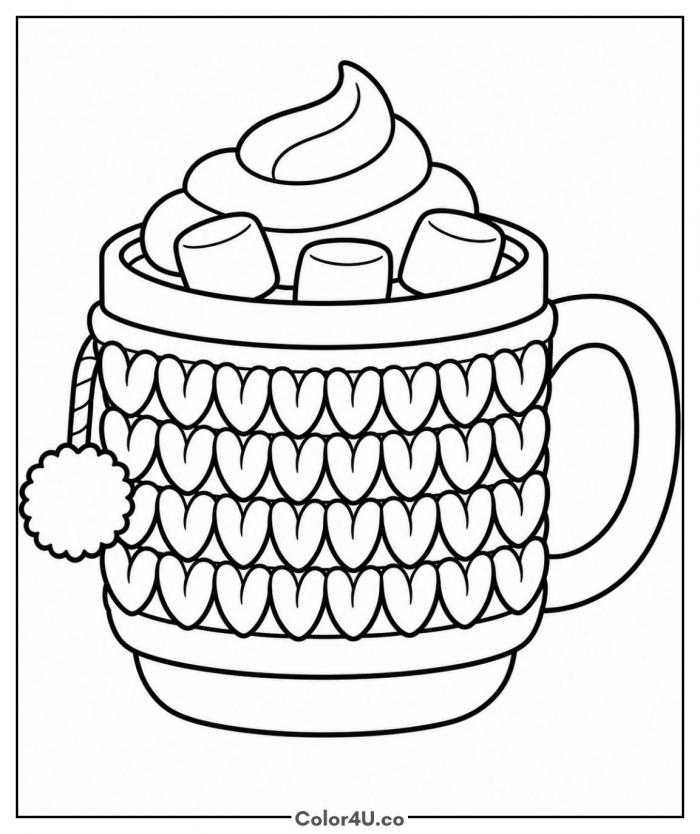 Mug in a knitted cozy with whipped cream and marshmallows, medium coloring page, free printable