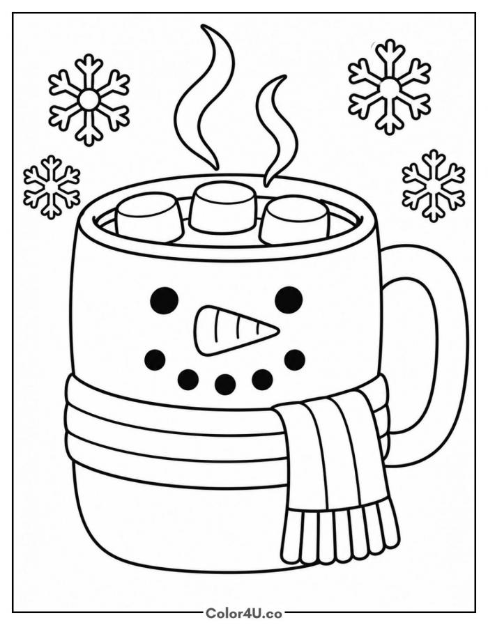 Snowman mug of hot chocolate with a scarf, medium coloring page, free printable