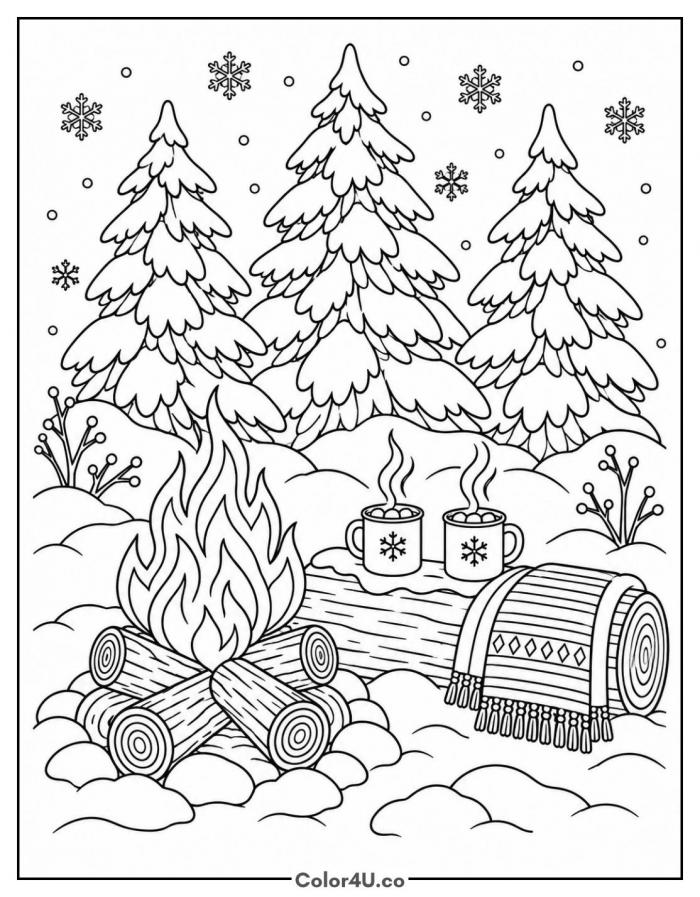 Two mugs of cocoa by a campfire in the snow, detailed coloring page, free printable