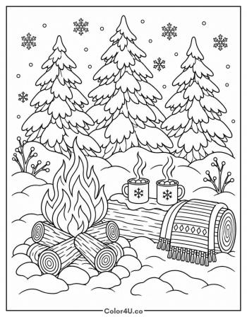 Campfire Cocoa in the Snow coloring page