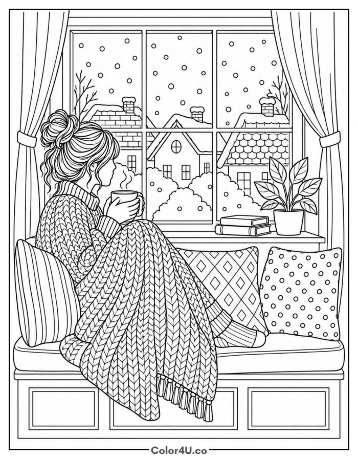 Girl on a window seat with cocoa watching snow, detailed coloring page, free printable