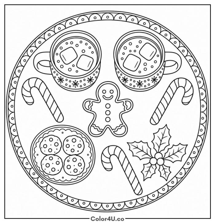 Tray of cocoa and Christmas treats, detailed coloring page, free printable