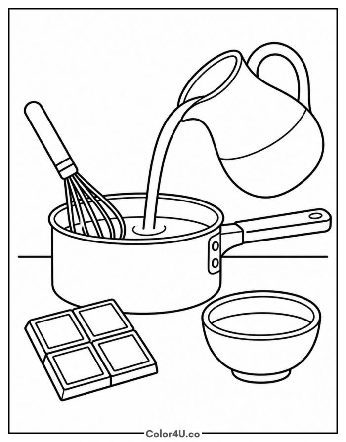 Making hot chocolate on the stove with a whisk and pan, medium coloring page, free printable