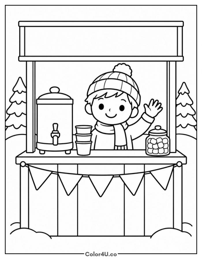 Kid running a hot cocoa stand in the snow, medium coloring page, free printable