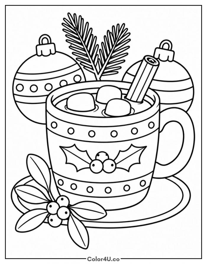 Christmas cocoa mug with mistletoe and baubles, detailed coloring page, free printable