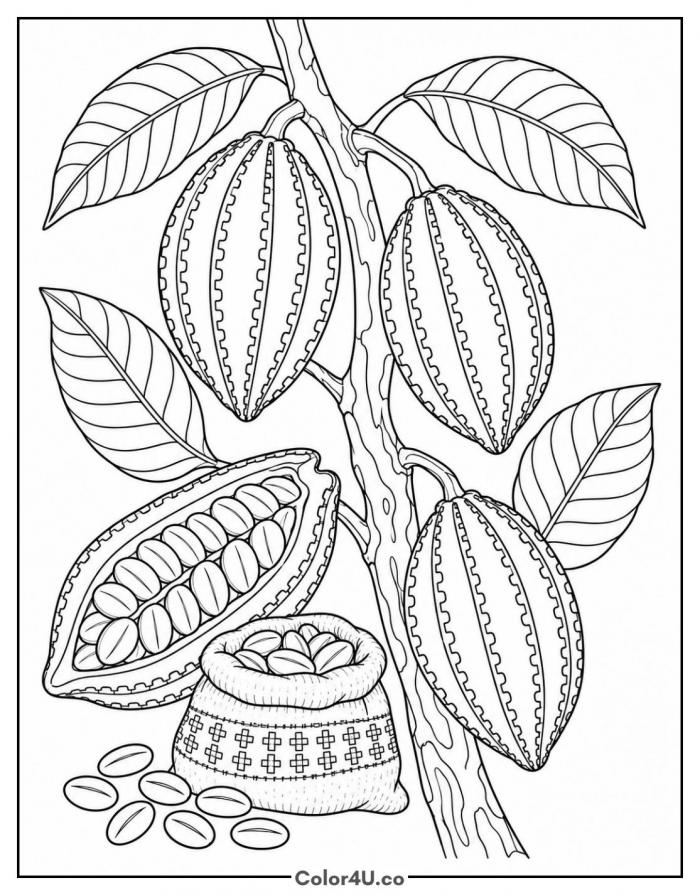 Cacao tree with pods and cocoa beans, detailed coloring page, free printable