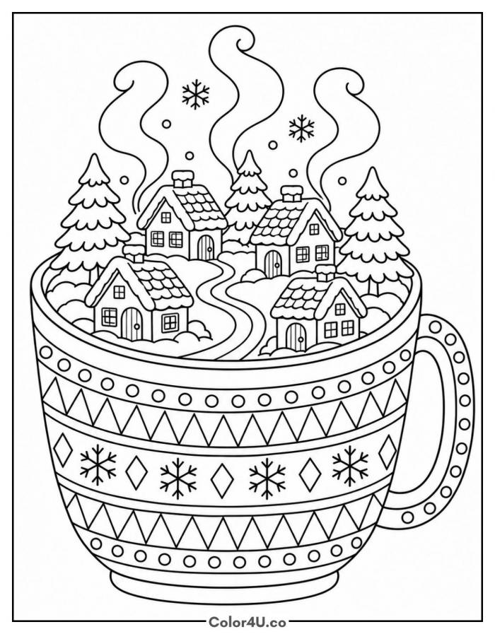 Winter village inside a cocoa mug, detailed coloring page, free printable