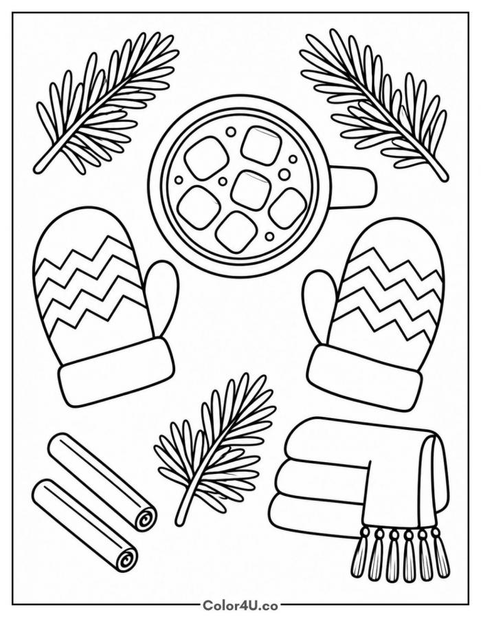 Cocoa flat lay with mittens and cinnamon sticks, medium coloring page, free printable
