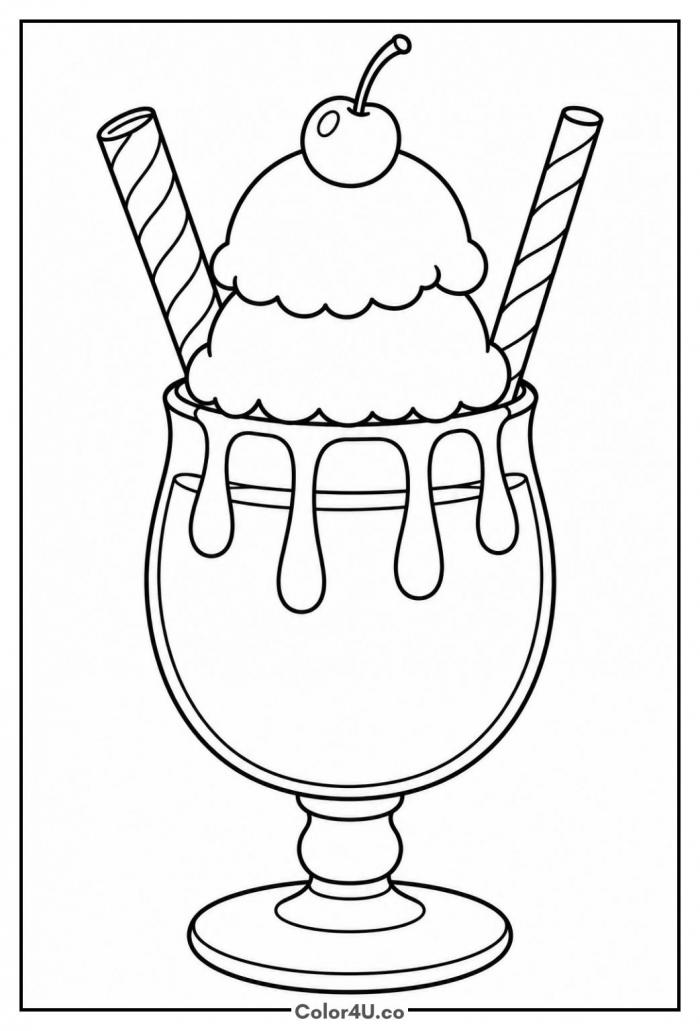Hot chocolate float with ice cream and cherry, medium coloring page, free printable