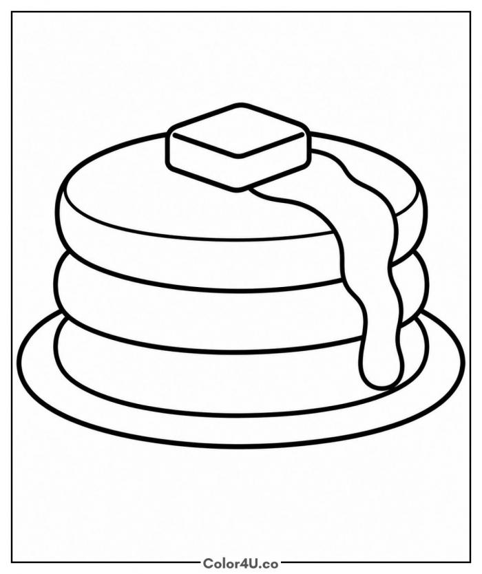 Pancake stack with butter and syrup, easy food coloring page, free printable