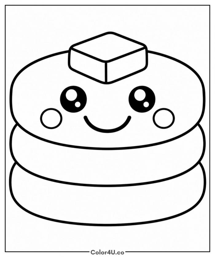 Smiling pancake stack with butter, easy food coloring page, free printable