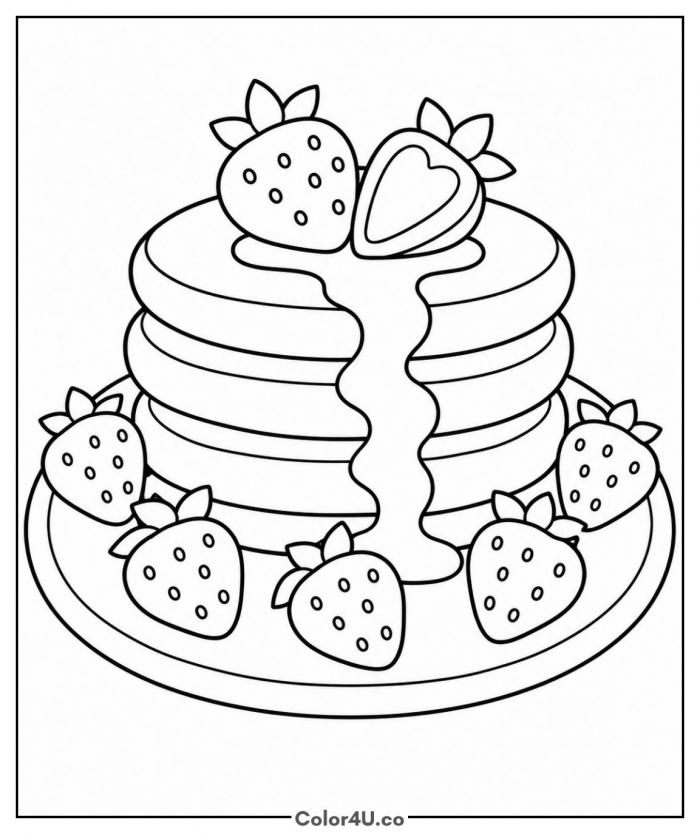 Strawberry pancake stack with syrup, easy food coloring page, free printable