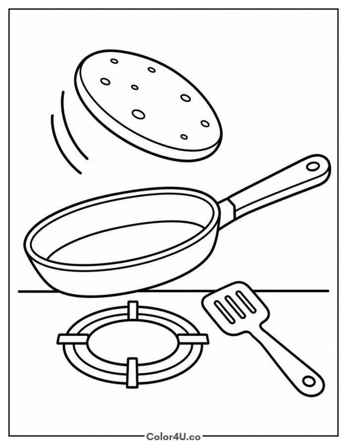 Pancake flipping above a frying pan, easy food coloring page, free printable