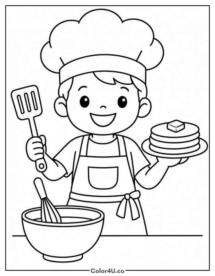 Little chef holding pancakes and a spatula, easy food coloring page, free printable