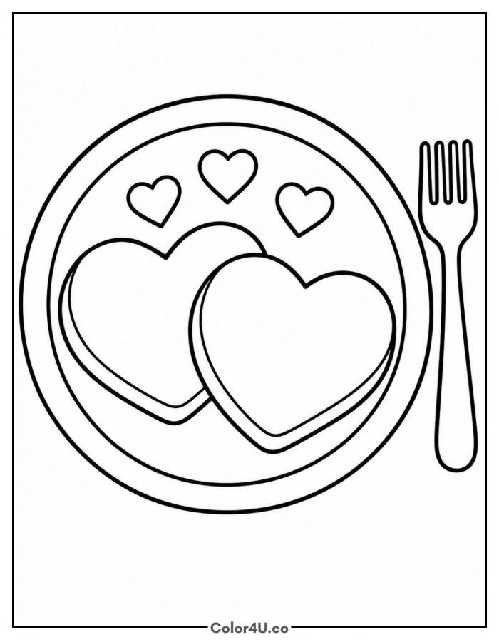 Heart shaped pancakes on a plate, easy food coloring page, free printable