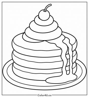 Pancakes with Whipped Cream and Cherry coloring page