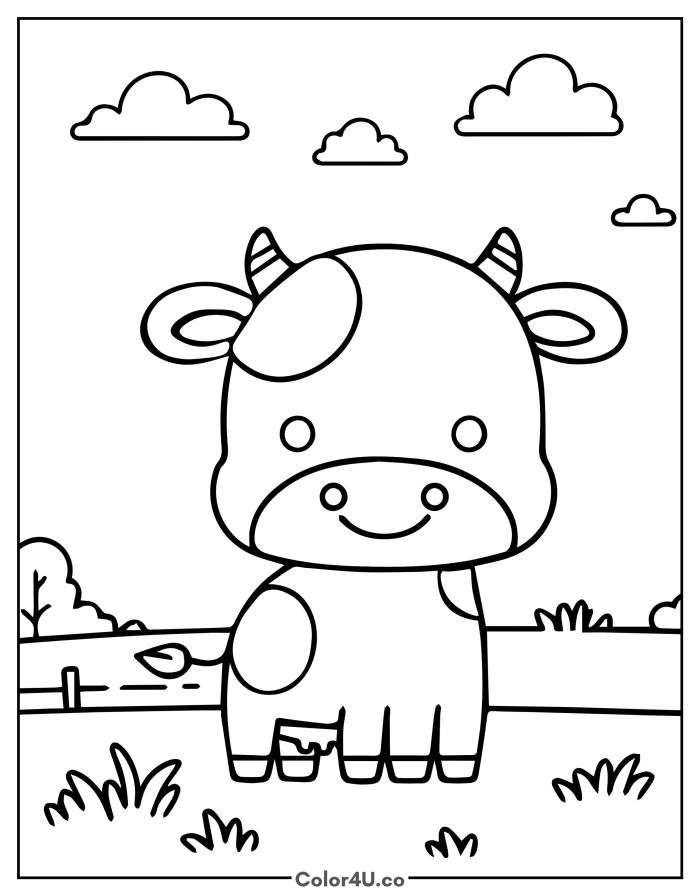 A round-headed cartoon cow with a dark patch, medium farm animals coloring page, free printable